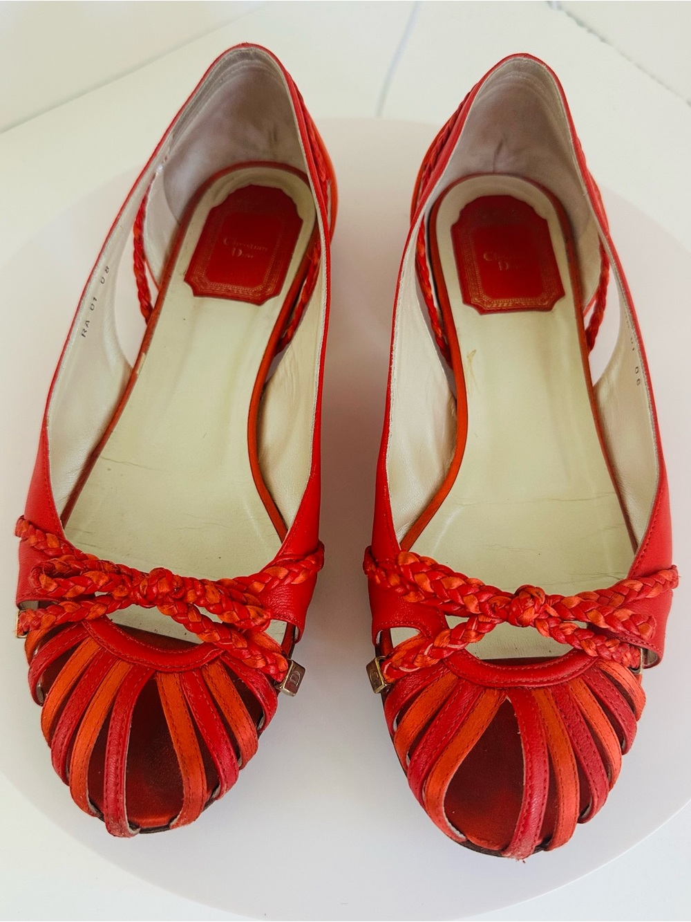 Dior Red Braided Peep-Toe Leather Flats